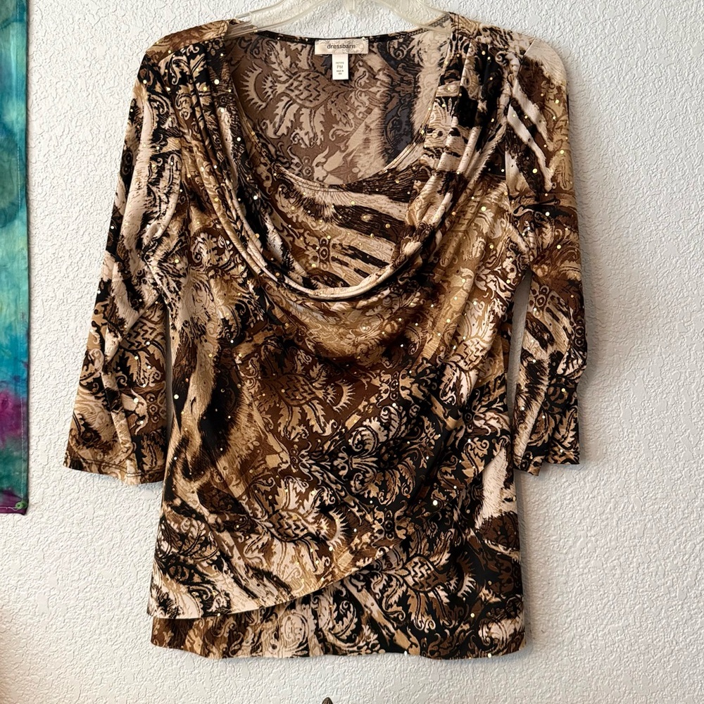 Dressbarn Sparkly Draped Animal Print Petite Blouse